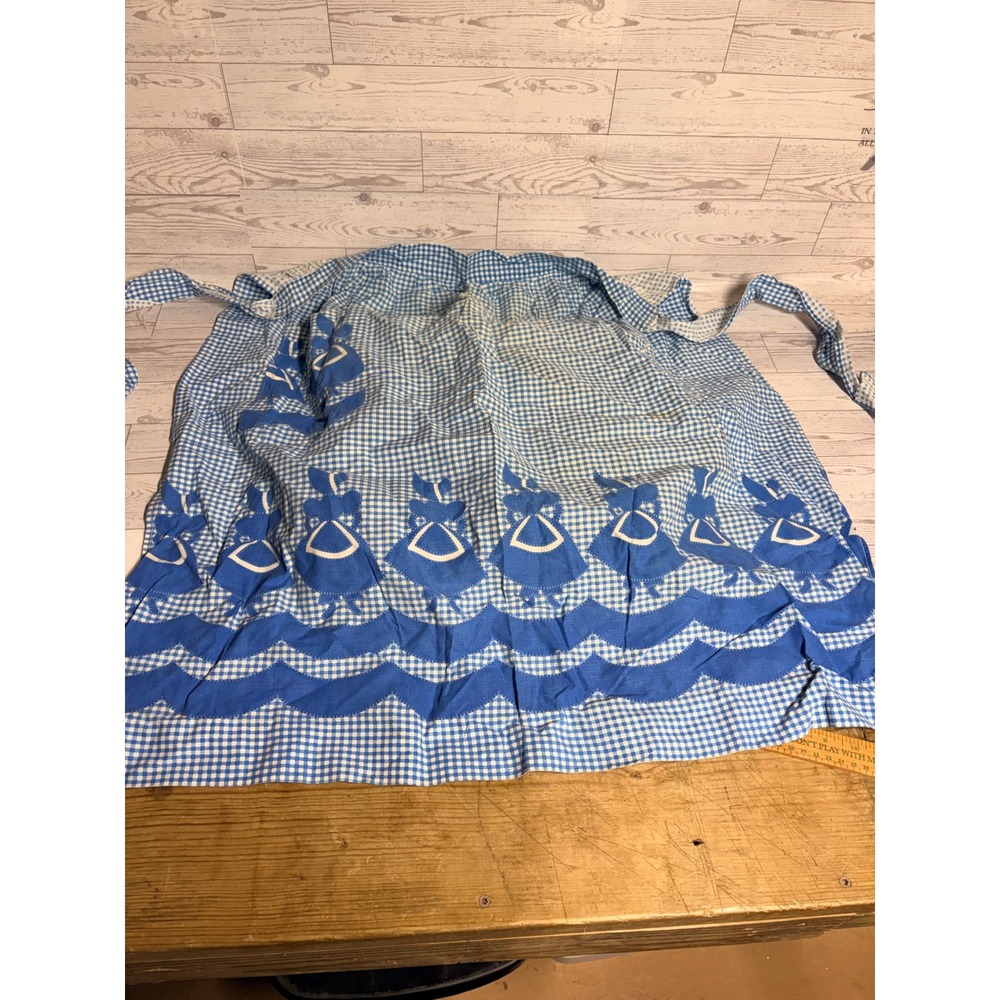 Vintage Blue Gingham Half Apron Dutch Girl Sunbonnet Scalloped Print Grannycore